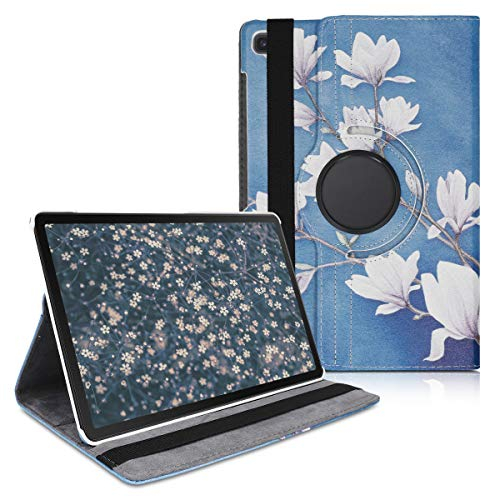 kwmobile Cover Compatibile con Samsung Galaxy Tab S5e - Custodia Cover per Tablet Rotazione 360° Stand Similpelle - Magnolie Marrone Grigio/Bianco/Grigio Blu