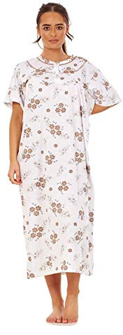 Apparel Women's Long Nightdress 100% Cotton Floral Button Short Sleeve Nightwear M to 3XL