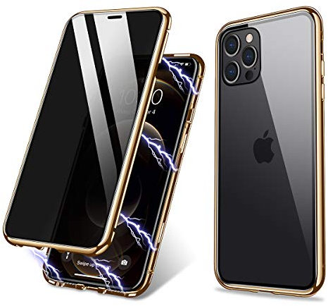 ZHIKE Compatible with iPhone 12 Pro Max Case, Anti-Peep Magnetic Adsorption Case Front and Back Tempered Glass Full Screen Coverage One-piece Design Flip Privacy Cover (Golden)