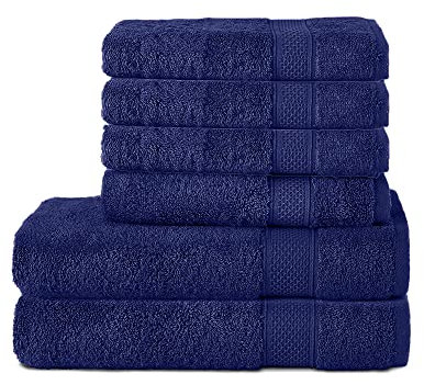 Komfortec 6er Handtuch Set aus 100% Baumwolle, 2er Badetücher 70x140 cm und 4er Handtücher 50x100 cm, Frottee, Weich, Navy Blau