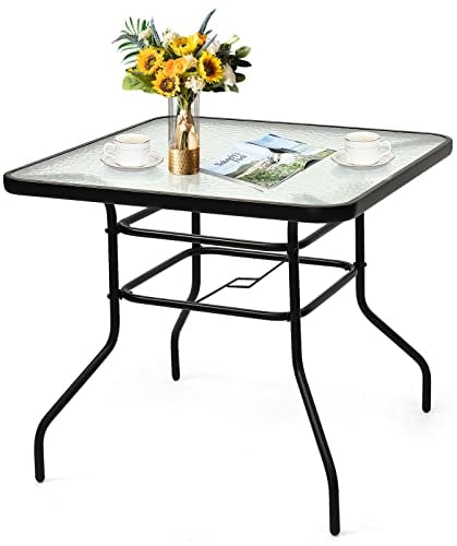 GIANTEX Tavolino in Vetro, con Foro di 40 mm per Ombrellone, 2 Anelli di Fissaggio, Tavolino Multiuso da Esterno, Giardino, Cortile, Balcone, Portata di 80 kg, 81x81x71 cm (Quadrato)