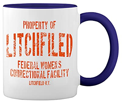 Litchfield Prison Inspired Orange is The New Black White Coffee Mug with Blue Rim & Handle