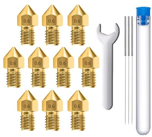MMOBIEL 10 Stück Extruder für 3D-Druckerdüsen, 0.6 mm, Messing MK8, kompatibel mit Creality Baureihe Ender 3, Ender 5, CR-10/10S, Makerbot, inkl. 3 Reinigungsnadeln und Schraubenschlüssel
