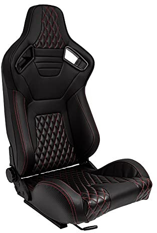 AutoStyle Siège baquet 'AK' - Simili Cuir Noir + Surpiqûres rouge - Dossier réglable - incl. glissières