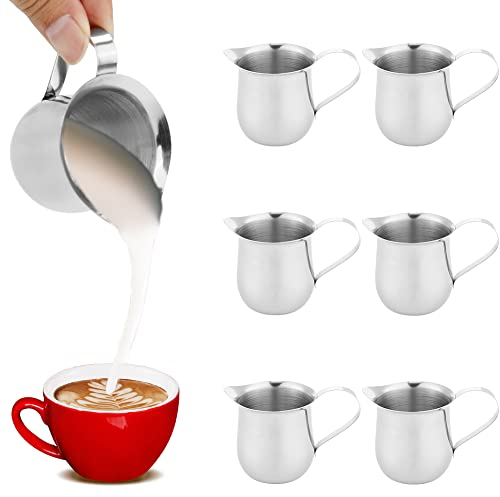 Mini Pot à lait, Lot of 6 Milk Pitcher en Acier Inoxydable, 90 ml/3 oz Mini Crémier Tasse à Sauce Pot à Sauce Pichet de Service, Crémier Cloche à Large Ouverture avec Poignée pour Café au Lait