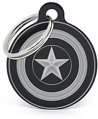 PERDIDUS Placa para perro personalizada CAPITAN AMERICA. Grabado del nombre y teléfonos. (32 mm, Negro)