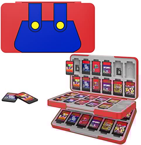 MoKo Spiel Aufbewahrungsbox Kompatibel mit Nintendo Switch 2/Switch OLED 2021/Lite, Game Case mit 48 Game Card Slots & 24 SD Card Slots, Schlank Tragbar Spiele Organizer, Roter Mario