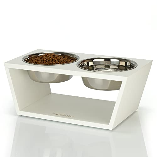 Pawfect Pets Elevated Dog Bowl Stand- 7 Raised Dog Bowl for Medium Dogs. Pet Feeder with Four Stainless Steel Bowls (White)