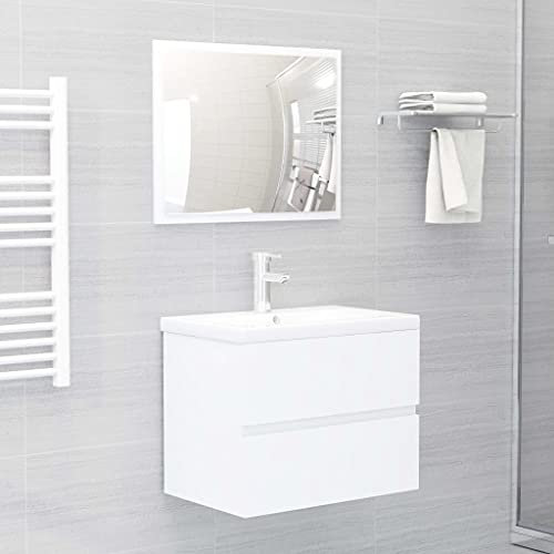 WIFESE Ensemble de 2 meubles de salle de bain en bois blanc 60 x 38,5 x 45 cm - Meuble sous-lavabo avec 1 tiroir et 1 miroir pour salle de bain - Lignes épurées et fines