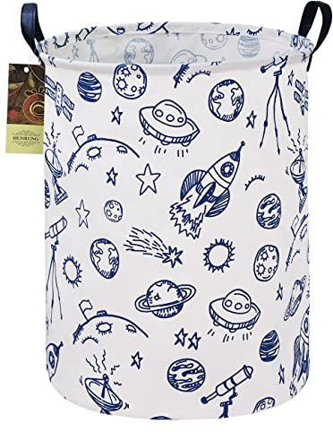HUNRUNG Round Large Space Rocket Laundry Hamper,Waterproof Portable | Foldable Cotton Canvas,Reinforced Handles,Blue Planet Print for Teen-Youth Boys & Adult Bedroom,Dorm,Bathroom Home-Decor