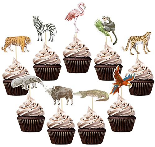Gyufise 36Pcs Jungle Safari Animal Cupcake Toppers Tiger Zebra Cow Lion Cupcake Pick Decorations for Jungle Theme Baby Shower Kids Birthday Party Cake Decorations Supplies
