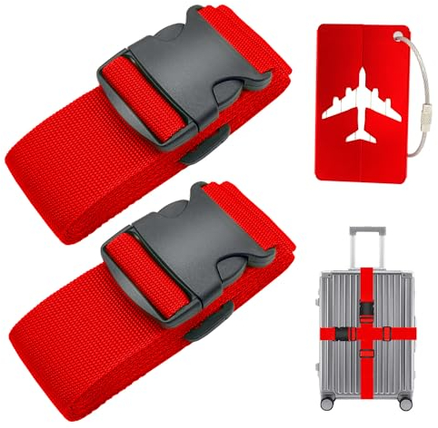 2 Stück Koffergurt Kofferband Gepäckgurt Einstellbare Kofferband mit 1 Stück Kofferanhänger, Gepäckband für Schnell erkennen Gepäck Reisetasche Koffer