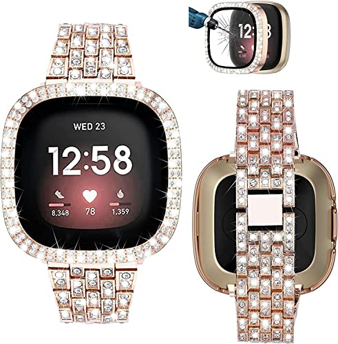 VISOOM Kompatibel mit Fitbit Sense/Versa 3 Armband für Damen mit Schutzhülle, Luxuriöse Bling Diamant Edelstahlband Ersatz für Fitbit Versa 3/Fitbit Sense,Roségold