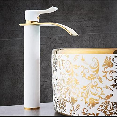 Waschtischarmatur, Gold und Weiß, Wasserfall-Wasserhahn, Messing, Badezimmer-Wasserhahn, Badezimmer-Waschtischarmatur, Mischbatterie, heiß und kalt, weiß n gold T, Einheitsgröße