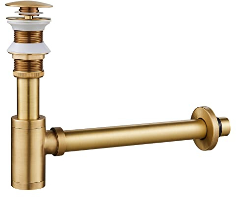 KINKIBOS Juego de sifón y desagüe universal para lavabo sin rebosadero, desagüe Pop Up sin rebosadero, incluye juntas, diseño sifón lavabo para baño, latón antiguo