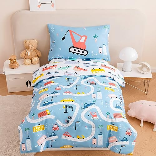 STYHO Bettwäsche-Set für Kleinkinder, wendbar, blaue Autos, Kinderbettwäsche für Jungen und Mädchen, bunte Kraniche, Bus, Bettbezug für Kinderbett (blau, Kinderbett)