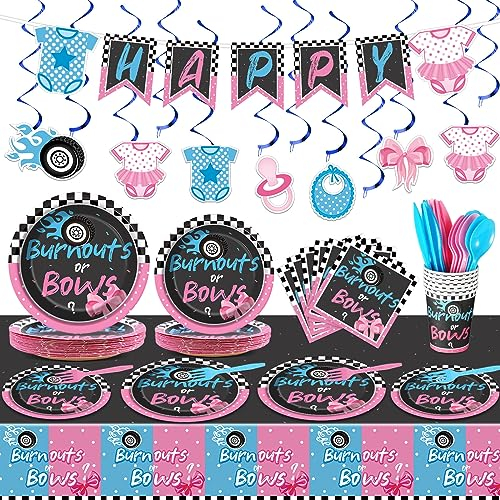 138-teiliges Partydekorationsset für Burnouts oder Schleifen, enthält Teller, Servietten, Tassen, Tischdecke, Wirbel, Banner, Geschirr-Set, Entsorgen Sie Burnouts oder Schleifen, Gender Reveal