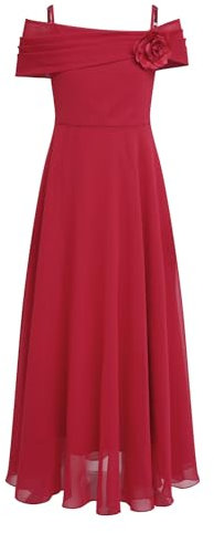 IEFIEL Enfant Robe Princesse Soirée Mariage Cérémonie Fille Bretelle Robe de Demoiselle d'honneur Fleur Hors Epaules Dénudées Corsage Taille Haute Z Fleur Rouge 12 Ans