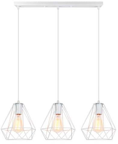 iDEGU 3 Lampes Suspension Luminaire Vintage, 20cm Lustre Industriel en Métal Abat-jour Luminaire Design Cage E27 Éclairage de Plafond pour Salon Cuisine Salle à Manger (3 Lumières, Barre, Blanc)