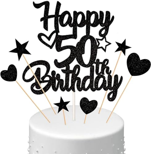 Conruich Tortendeko 50. Geburtstag Mann, Kuchendeko Happy 50th Birthday Schwarz, Glitzer Kuchen Topper 50. Geburtstag Ballons Konfetti Papierfächer für Geburtstagstorte Deko 50 Jahre Frauen Männer