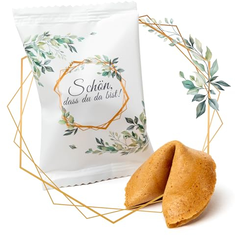 Lucky Treats Glückskekse - 25 Stück - Schön, dass du da bist - Sprüche auf Deutsch & Englisch - Gastgeschenke Hochzeit Deko - kleine Geschenke für Kollegen