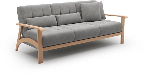 Cavadore 3er-Sofa Billan / 3-Sitzer Schlafsofa im skandinavischen Design mit Bett und massivem Holzgestell in Buche / 199 x 88 x 106 / Mikrofaser, Grau