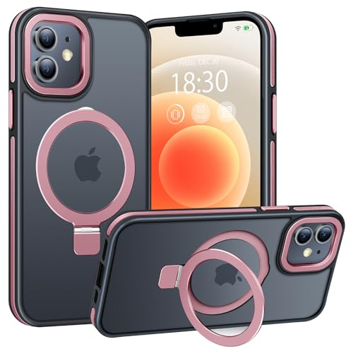 BENTIACC pour iPhone 12/12 Pro Coque Anneau de Support Magnétique Robuste Invisible, Coque Militaire Translucide Givrée, Résistante aux Chocs, aux Rayures et aux Empreintes Digitales（Rosa）