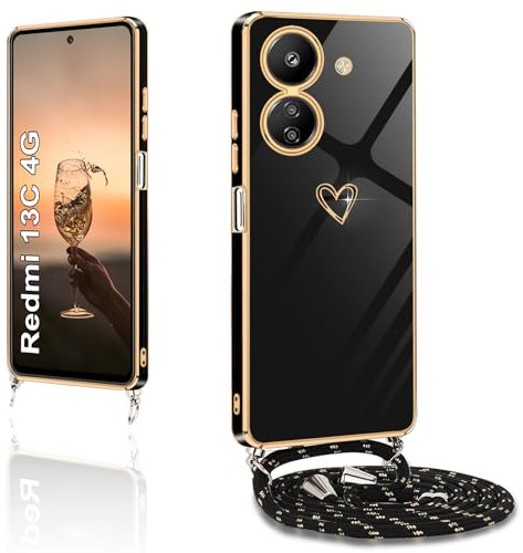 XCYYOO Funda Con Cordón para Xiaomi Redmi 13C 4G - Carcasa Colgante Ajustable Con Collar, Antigolpes, TPU Suave Silicona, Schwarz