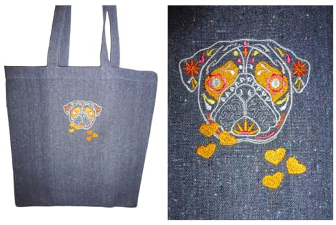 Handmade Herren Damen Beutel Tasche Einkaufstasche Shopper Umhängetasche grau Mops Hund bestickt