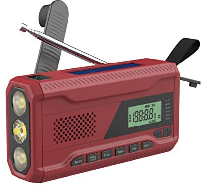 Funien Radio d'Urgence à Manivelle 3 en 1 Rouge AM/FM avec Lampe LED de Poche 4500 mAh pour Sauvetage d'Urgence et Aventure en Plein Air