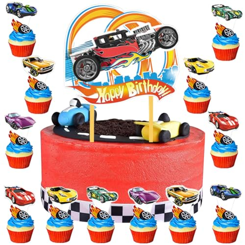 MEZHEN Tortendeko Auto Kuchen Deko Geburtstag Torte Deko Auto Cake Topper Happy Birthday Cupcake Topper Kuchendeko Muffin Geburtstagsdeko
