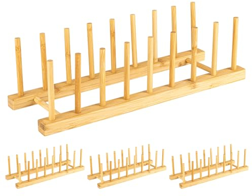 4PACK Bamboo Dish Drying Rack, Plate Rack Stand Pot Lid Holder for Dish, Bowl, Cup, Cutting Board and Kitchen Storage Cabinet Organizer, 33 x 12 x 10.5cm