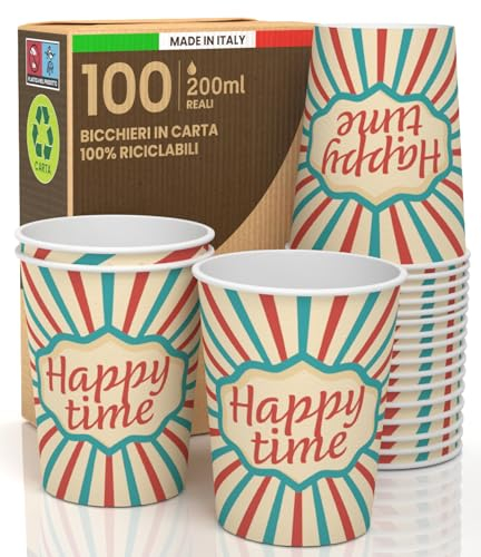 100 Bicchieri in Carta 200ml Made in Italy Ecologici Biodegradabili Monouso da Asporto Bevande Calde Acqua Colorati Fantasia HAPPY TIME - Prodotto e Confezionato in Italia