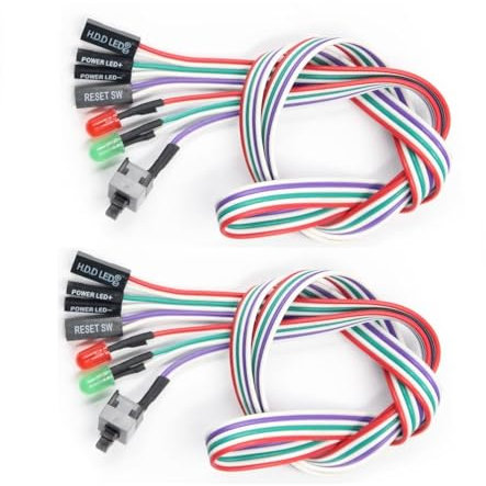 Yisanba 2-Pack ATX PC Power Switch Cable Set - On/Off Reset HDD LED Buttons w/Red Green Lights, 55cm Front Panel Connectors for Desktop Motherboard
