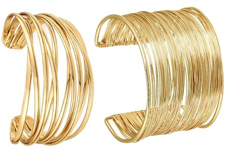 JENCVNL 2 Stück Gold Manschette Armreif für Damen, Gold Offen Armreif Breiter Armbänder Armreife für Damen Mädchen (Golden Set 2)