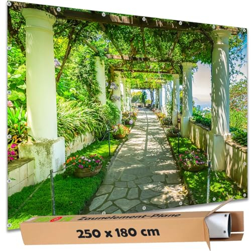TRIOSK Sichtschutz Garten Deko Zaun Plane Blickdicht groß mit Zaunblende Motiv Pergolaweg Capri Insel Italien für Zaunelement Doppelstabmatten Stabmattenzaun Gartenzaun PVC 250x180 cm