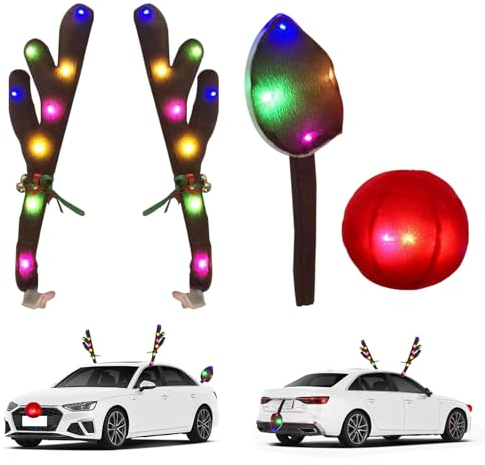 Rentier Weihnachtsdeko Auto, Weihnachtsdekoration Auto Geweih Dekoration Auto Plüsch Rudolph Kostüm LED Licht mit Autogeweih Rentiernase und Rentierschwanz für Weihnachten Halloween