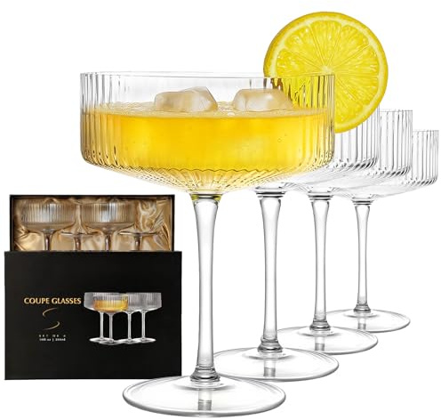 4 Stück Coupé-Gläser, mundgeblasen, 284 ml, gerippte Gläser, in Geschenkbox, perfektes Geschenk für Weihnachten, Espresso, Martini, Manhattan, Wein, Champagner, Martini-Gläser, 4 Stück