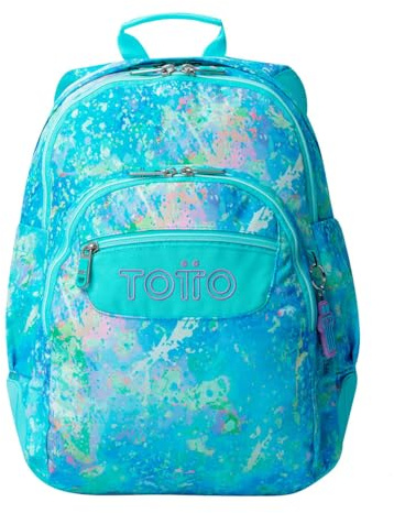 TOTTO - Mochila Escolar Grande, Modelo Rayol, Capacidad 19 L, 3 Compartimentos, 2 Bolsillos Botella, Bolsillo para PC 14, Espaldar Ergonómico con Flujo de Aire, Correas en S, Estampado Glittep Azul