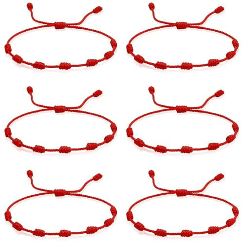 JEYORZY 6 PCS Bracciale Rosso in Cordoncino di Filo Con 7 Nodi, Unisex, Regolabile Per Protezione, Buona Fortuna, Amicizia, Amanti