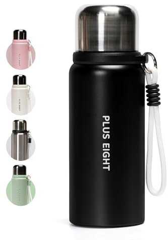 pluseight Insulated Water Bottle with Straw, 600ml Leak Proof 18/8 Stainless Steel Vacuum Tumbler for Sports, Gym or Office, BPA-Free Keep Cold 24H Hot 12H (Black)