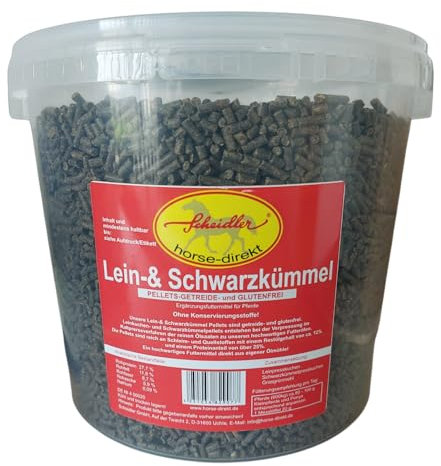 Scheidler horse-direkt Lein- u. Schwarzkümmel Pellets in einem Produkt 3000g Eimer, für Pferde Getreide- und glutenfrei und rein natürlich ohne Zusatzstoffe aus eigener Ölmühle