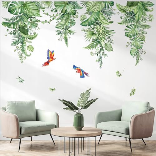 decalmile Stickers Muraux Feuilles Tropicales Autocollant Mural Plante Tropicale Vertes Pendaison Vigne Feuilles de Palmier Oiseaux Décoration Murale Chambre Salon Bureau