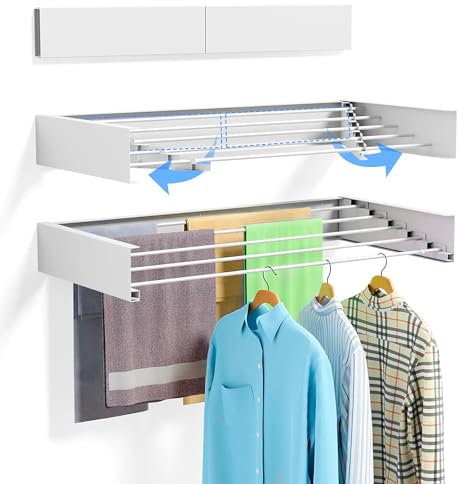 JUPPLIES Tendedero Pared Plegable Retractil 120cm - Tendederos Plegables de Pared para Interior o Exterior - Ahorra de Espacio con Diseño Compacto de 30 kg de Capacidad (Blanco, 120cm)