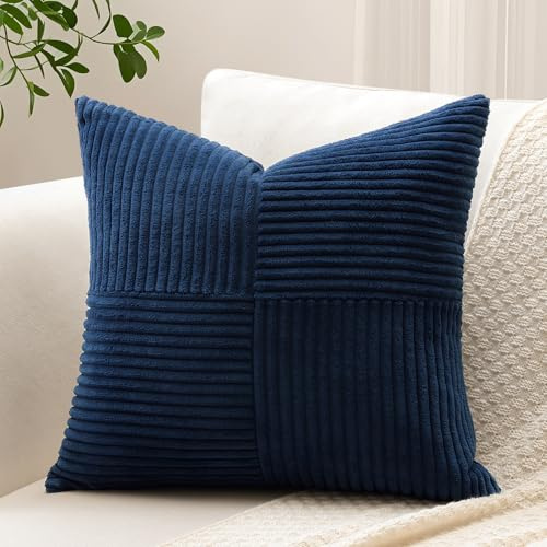 Sungeek 1 Stück Cord Kissenbezug, Kreuz Streifen Muster Kordsamt Kissenbezüge Sofakissen Dekokissen Patchwork Design Deko Zierkissenbezüge Kissenhülle für Wohnzimmer (45x45cm, Marineblau)