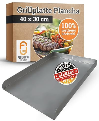 Feuerfest 123 Edelstahl-Plancha I 40x30cm I Hochwertige Grillplatte für Kohle- & Gasgrill I Massive Grill-Plancha mit 2mm Stärke I Grill-Blech aus Handarbeit I spülmaschinengeeignet & auslaufsicher