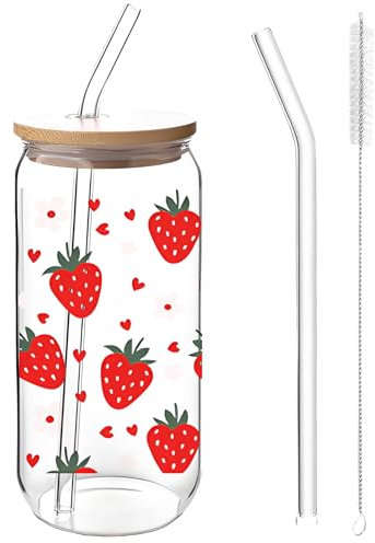 filheraze Verre Avec Paille, Élégant Verre de 16 oz,Belle Tasse à Motif Fraise, Canette, Polyvalent pour Le Café, Les Cocktails et Plus Encore