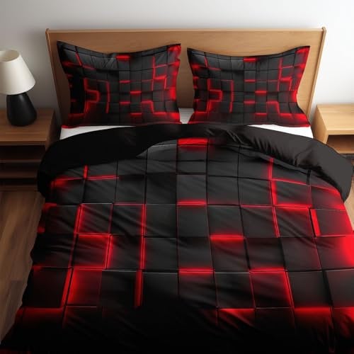 Bettwäsche Schwarz Glänzend Bettbezüge 3D Schwarz-Rote Dreidimensionale Blöcke Muster, Bettwäsche-Sets 155 x 220 cm Reißverschluss Weich und Bügelfrei Wende bettwäsche geeignet Schlaf Zimmer