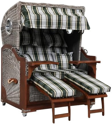 Webavita Strandkorb Bali Mahagoniholz | 2,5-Sitzer | Montiert | Geflecht Grau | Bezug Grün Kariert | Halblieger | Beach Chair für den Garten Terrasse Balkon