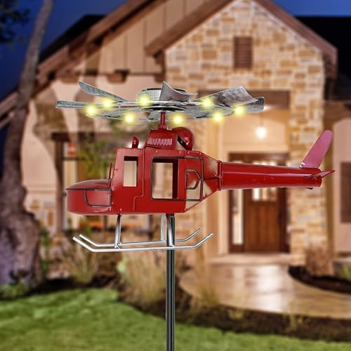 Solar Flugzeug Windrad für Garten, Stecker Windspiel Metal mit Solarlampen Wasserdicht, Leuchtende Wind Turbine für Draußen, Solar Windrad Balkon mit Licht für Rasen Garten Deko